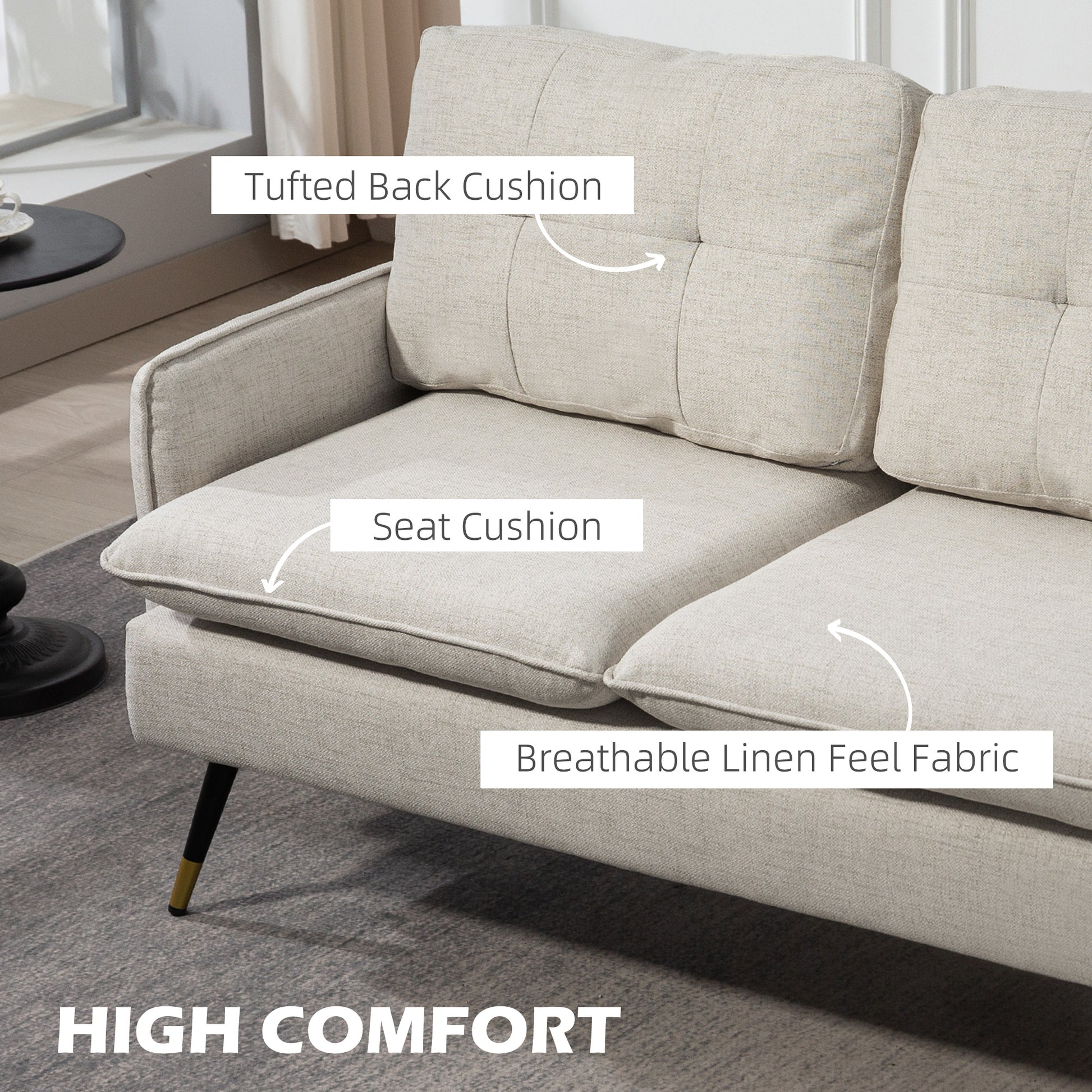55" Loveseat Sofa, Linen Love Seat w/ S spring, Steel Legs and Button Tufting, Small Couch for Living Room, Cream White
