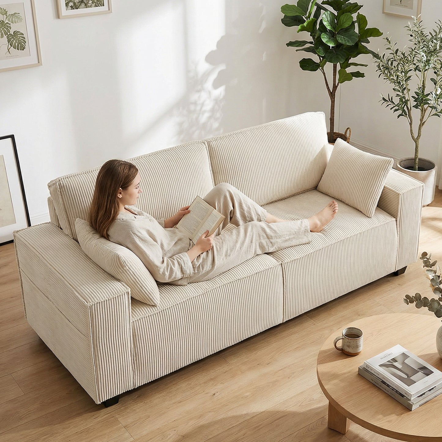 86" 3 Seater Sofa, Modern Corduroy Upholstered Couch, Beige