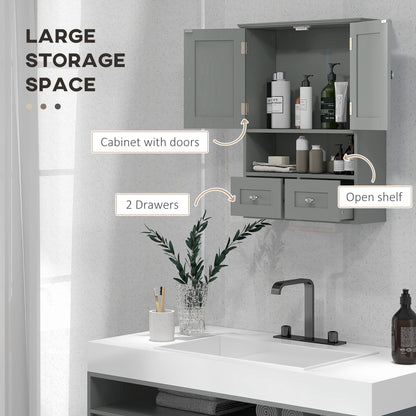Bathroom Wall Cabinet with 2 Drawers, Modern Medicine Cabinet with 2 Doors and Open Shelf, Over the Toilet Storage Organizer for Living Room, Kitchen，20" x 7" x 26", Grey