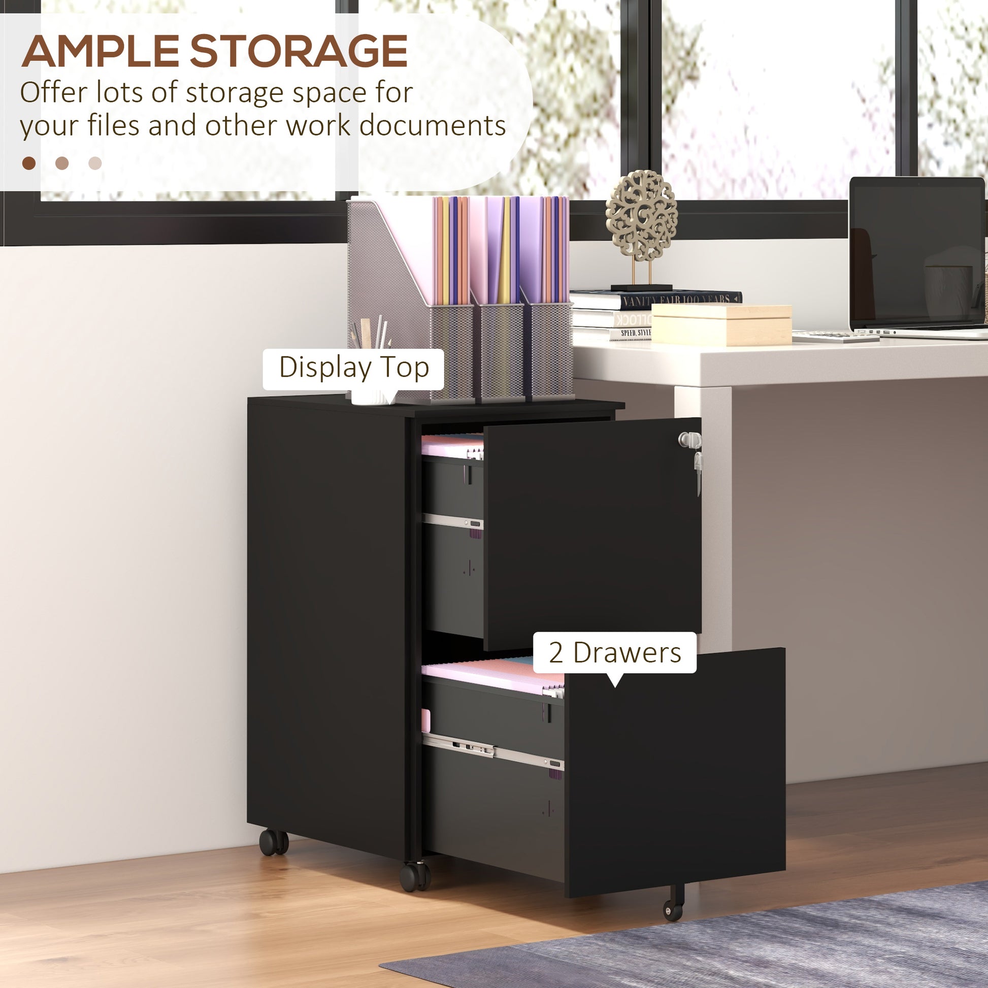Vertical Steel Filing Cabinet on Wheels, 2-Drawer Lockable File Cabinet with Adjustable Hanging Bar for A4, Legal and Letter Size, Black