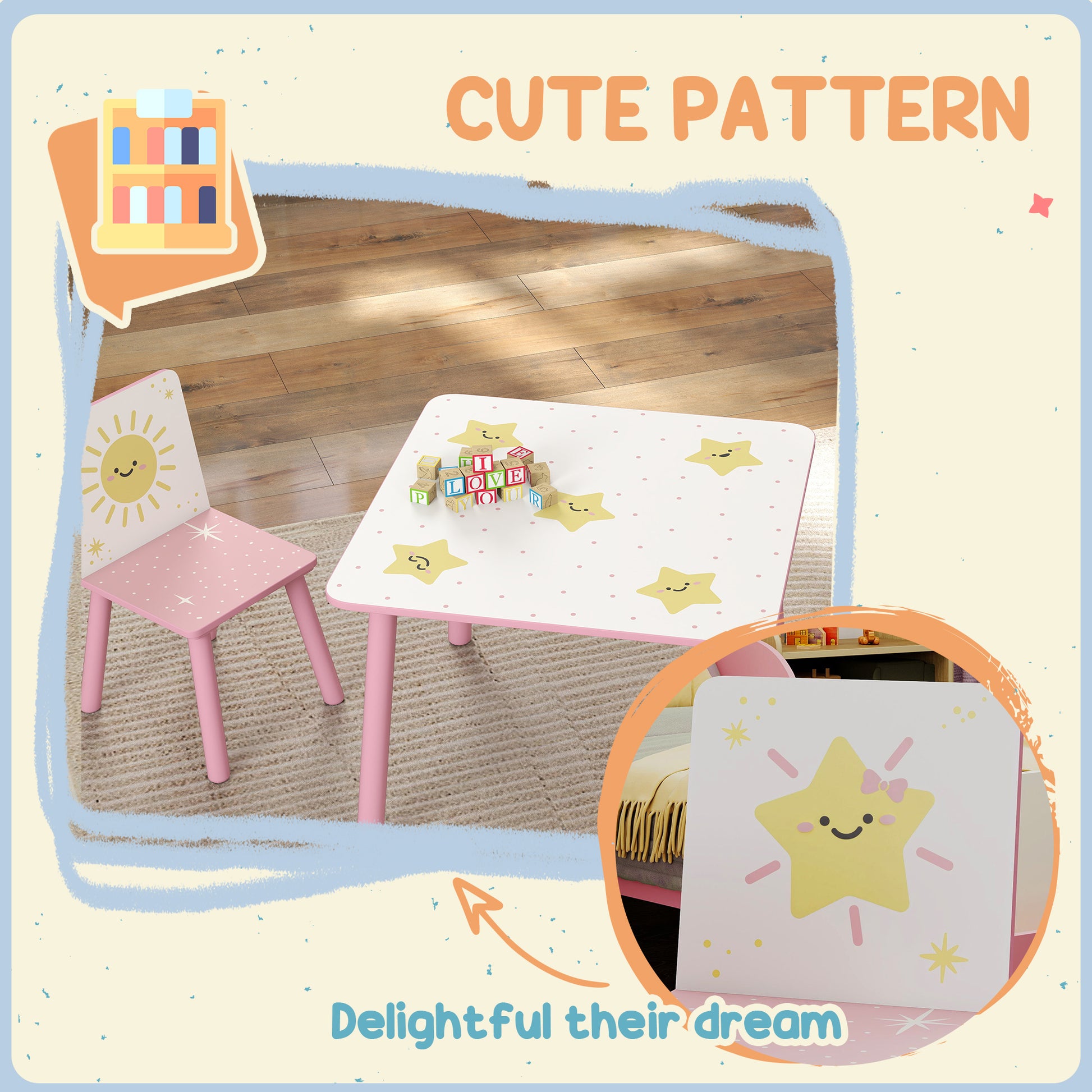 Qaba 3-Piece Kids Table and Chair Set with Star Pattern for Boys and Girls Aged 3-8, Bedroom, Nursery, Playroom, Pink
