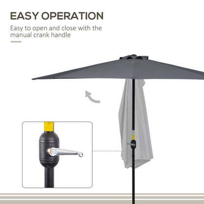 9.8ft Half Umbrella Semi Round Patio Parasol with Crank Handle, Top Vent for Garden, Balcony- NO BASE INCLUDED, Grey
