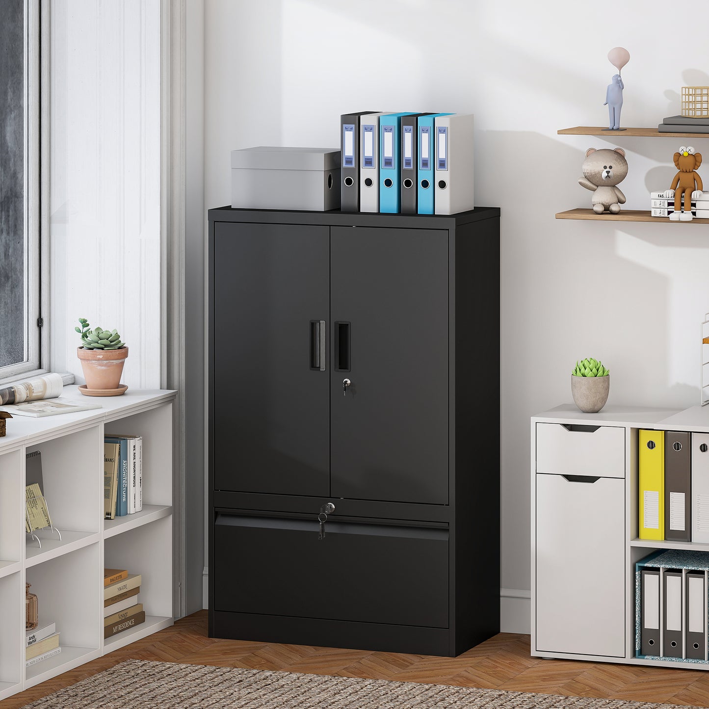 Lateral Filing Cabinet, Metal Storage Cabinet, Garage Cabinet with Double Locks, Adjustable Shelf and File Drawer, Black