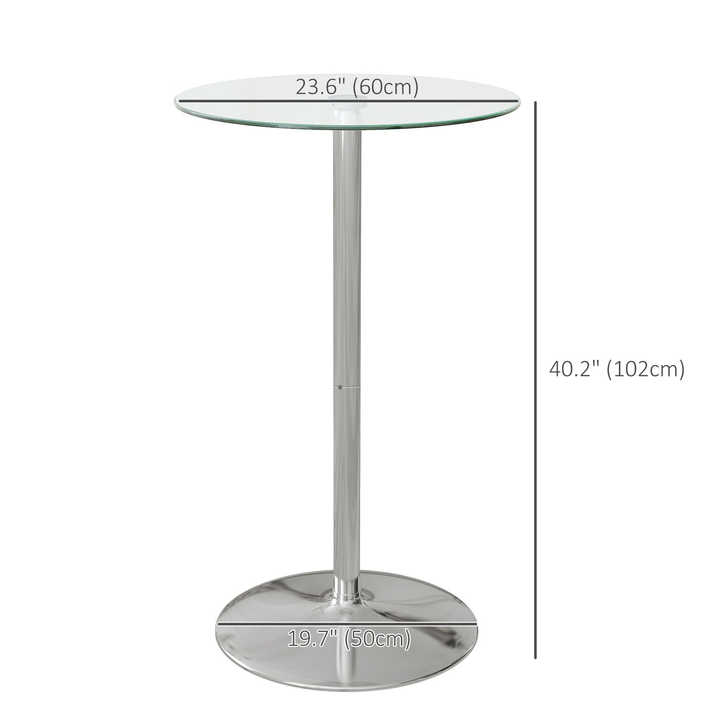High Top Bar Table, Round Kitchen Table with Tempered Glass Top and Steel Base, Bistro Table for 2 People, Clear
