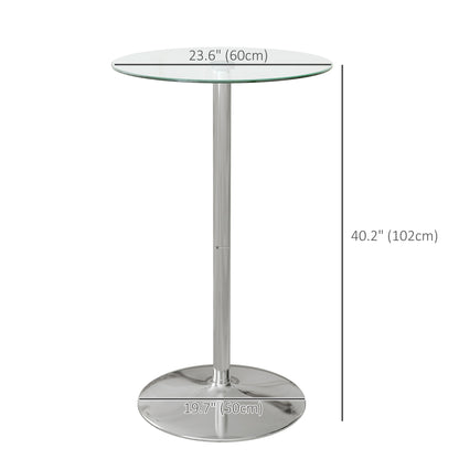 High Top Bar Table, Round Kitchen Table with Tempered Glass Top and Steel Base, Bistro Table for 2 People, Clear