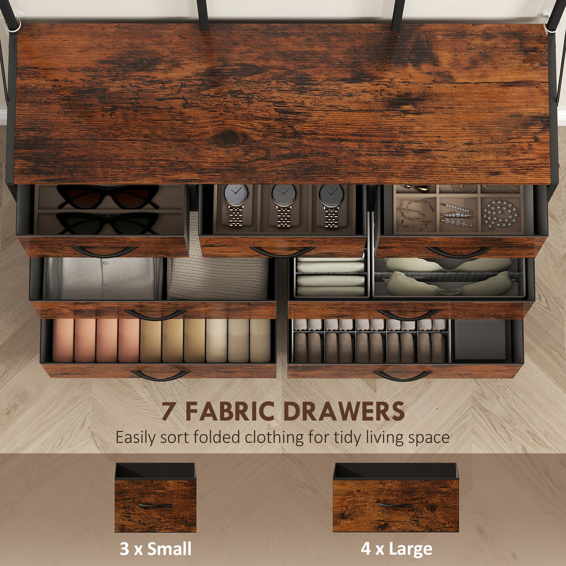 4-In-1 Coat Rack with 7 Drawer Fabric Dresser, Hall Tree with 14 Hooks for Hallway, Entryway, Bedroom, Rustic Brown
