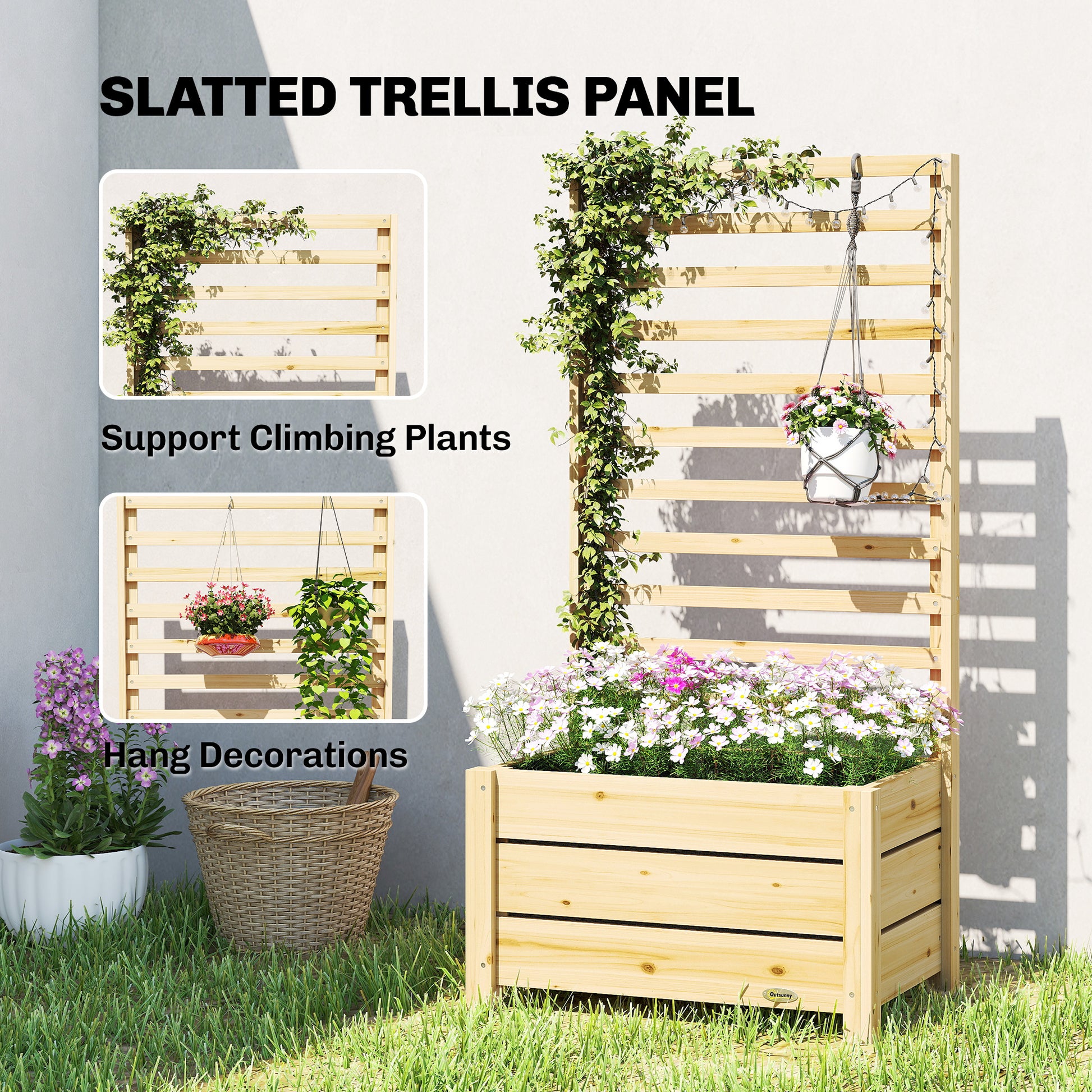 Wooden Raised Garden Bed with Trellis, Outdoor Elevated Planter Box with Drainage Hole and Bed Liner