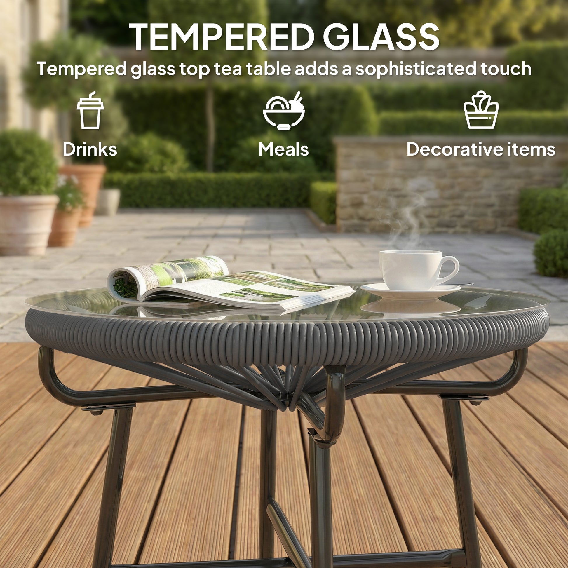 Rattan Side Table, Round Outdoor Table, with Round PE Rattan and Tempered Glass Table Top for Patio, Garden, Dark Grey