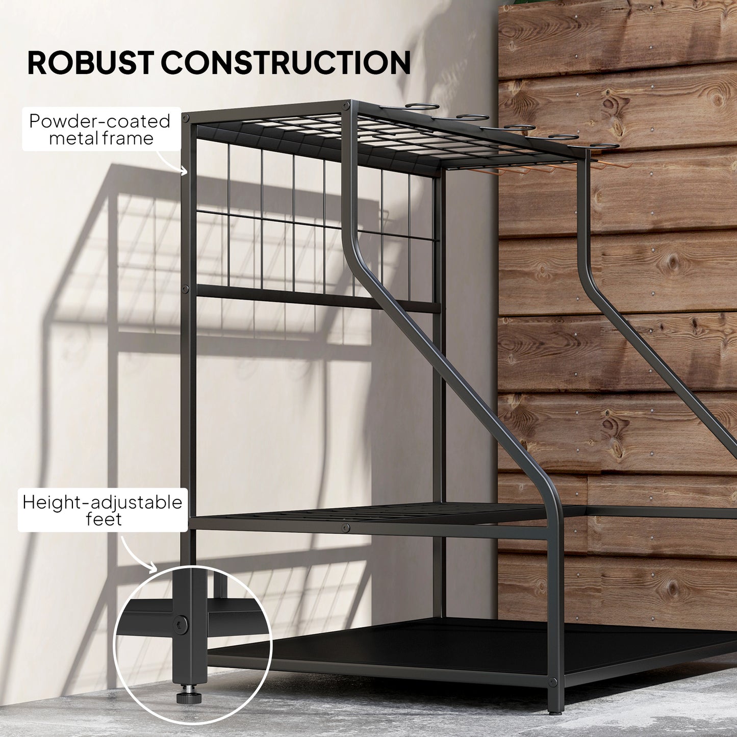 3-Tier Yard Tool Tower Rack, Garden Tool Organizer with Hooks for Long-Handled Rakes, Shovel, Broom, Orange