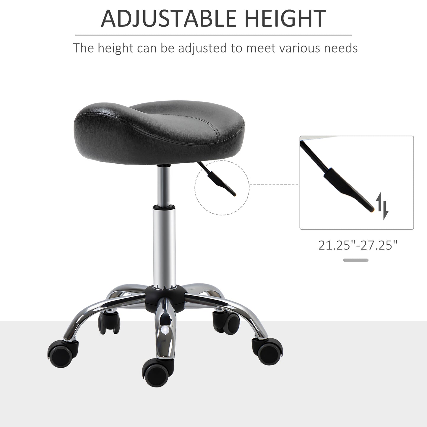 Saddle Stool, Height Adjustable Rolling Salon Chair with PU Leather for Massage, Spa, Clinic, Beauty and Tattoo, Black