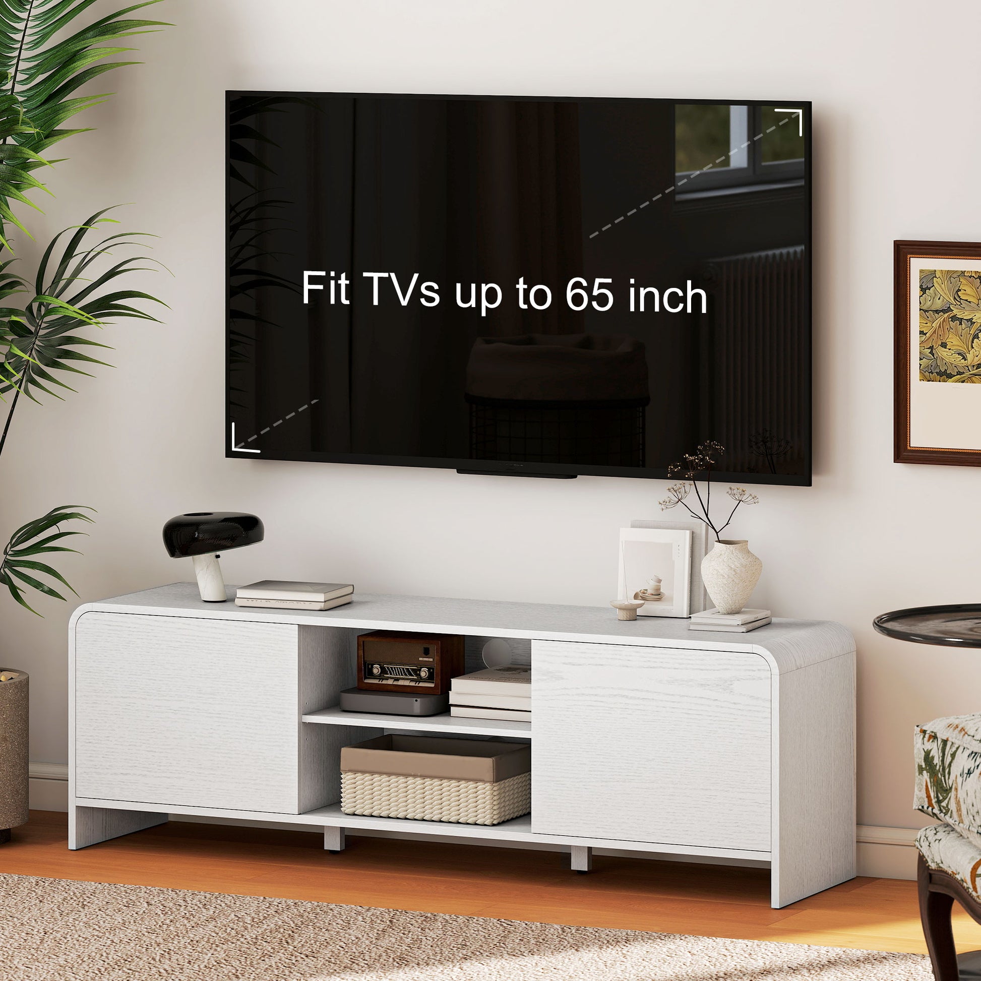 TV Stand for up to 65 Inch TV, Nordic Entertainment Center with 2 Cabinets and 2 Open Shelves for Living Room, White
