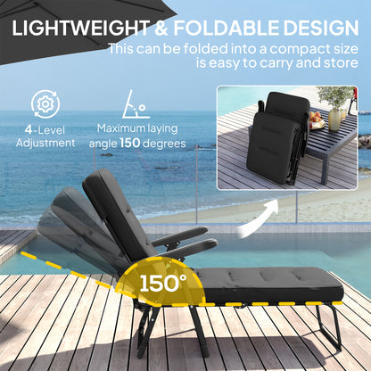 Folding Outdoor Lounge Chair with Cushion, Adjustable Backrest, Reclining Patio Garden Chair with Footrest, Black