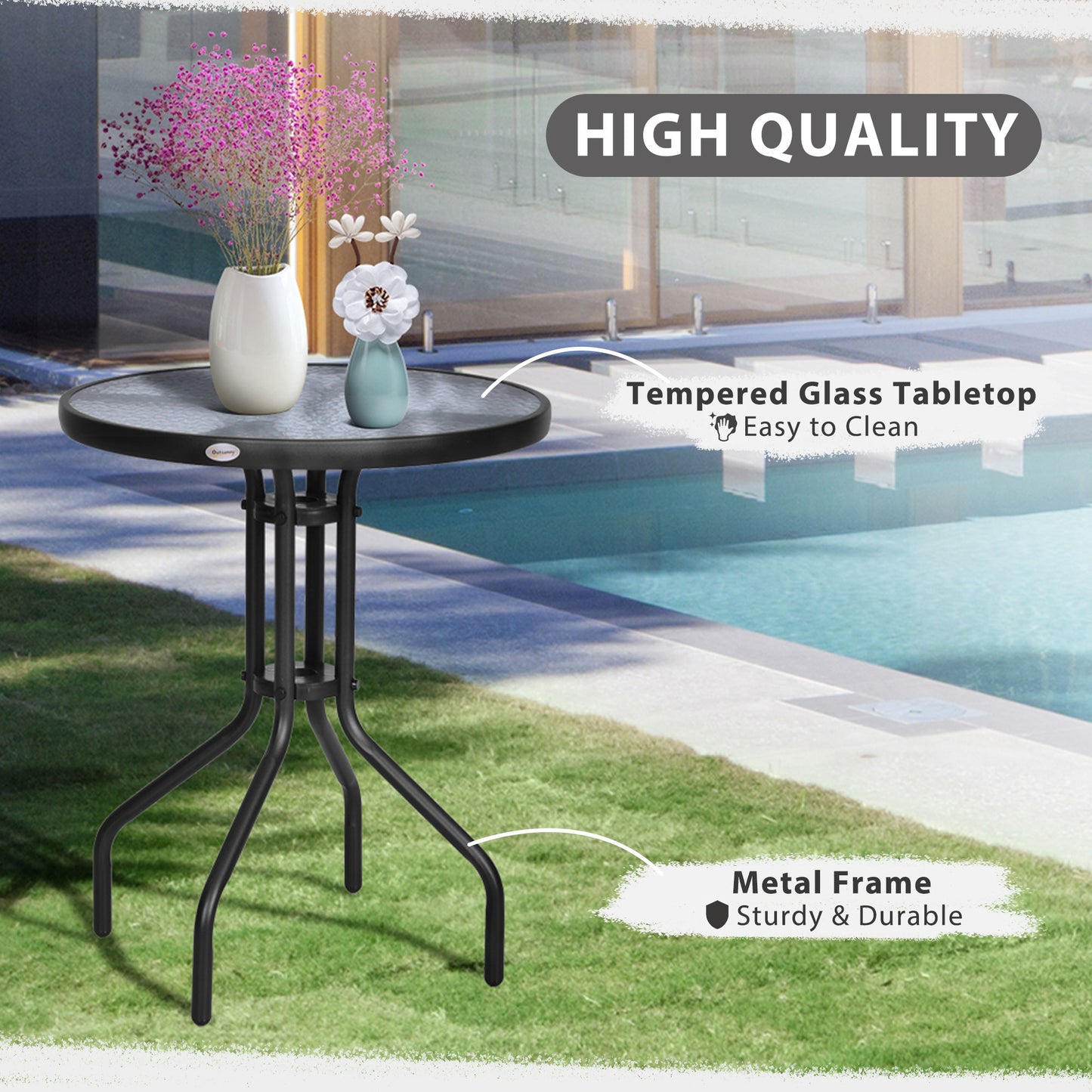 24" Patio Table Round Tempered Glass Top Outdoor Dining Steel Frame Backyard