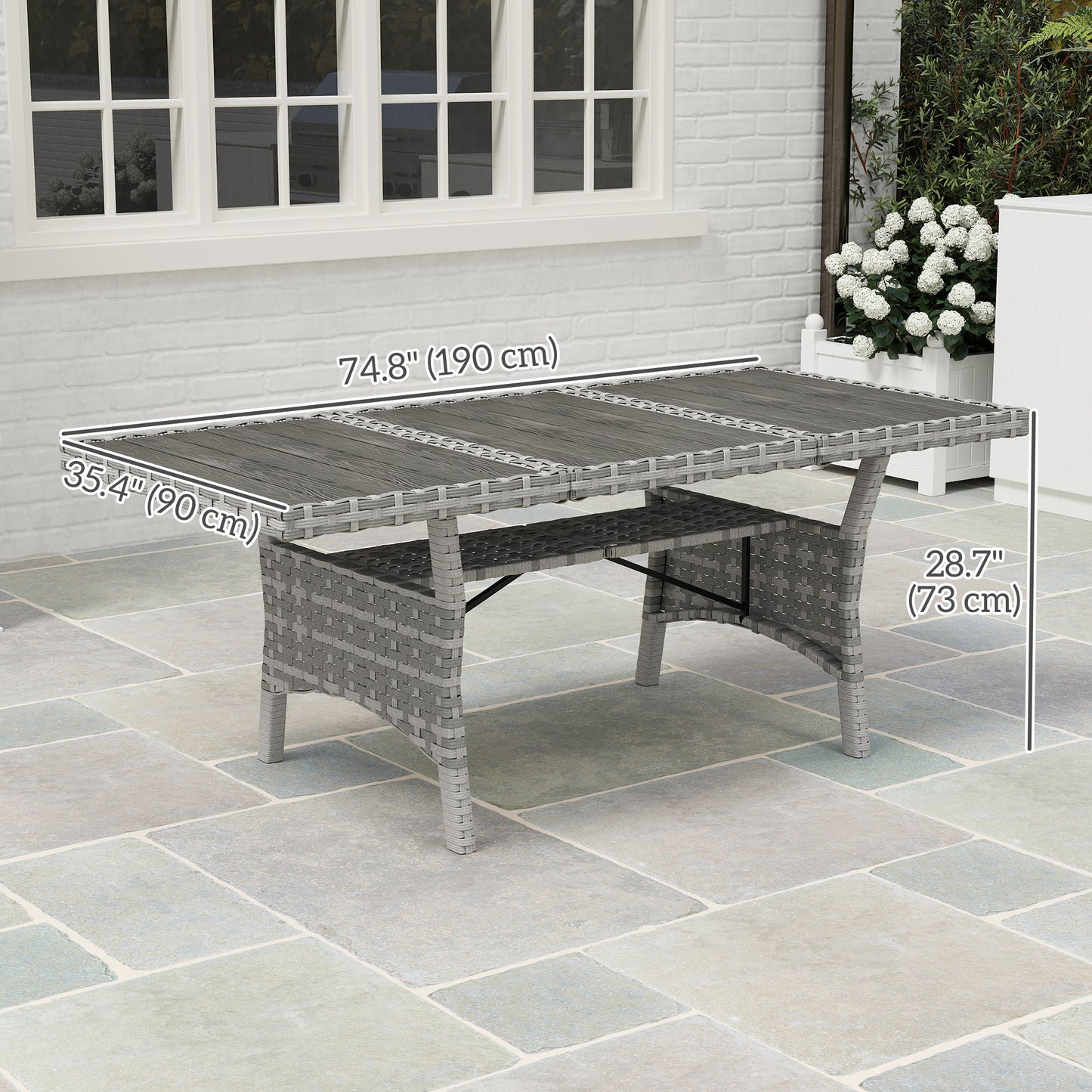 75" Outdoor Dining Table for 6-8, Wicker Patio Table with Storage Shelf and WPC Slatted Top for Balcony, Grey
