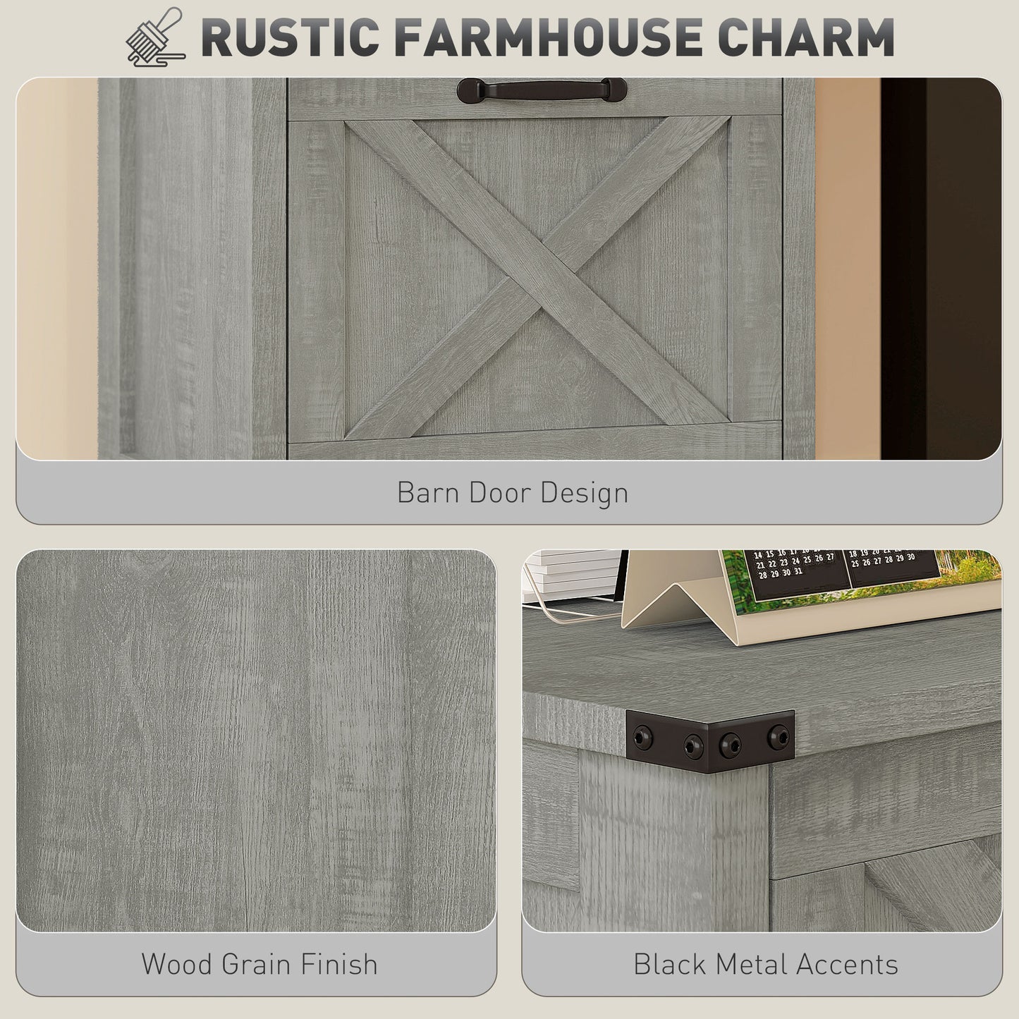 Vertical Filing Cabinet with 2 Drawers, Rustic Farmhouse Office Storage Cabinet for A4, Letter Size, Stone Grey