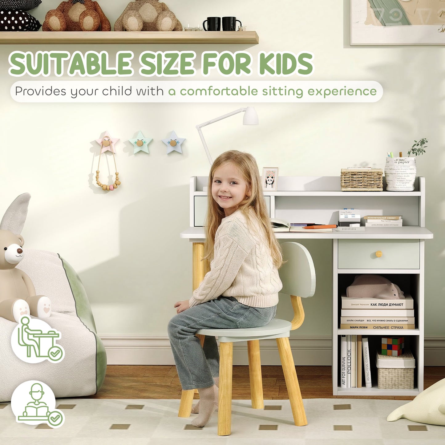 Qaba Kids Study Table and Chair Set, Kids Desk and Chair Set w/ Storage and Shelves, for 3-8 Year Old, Green