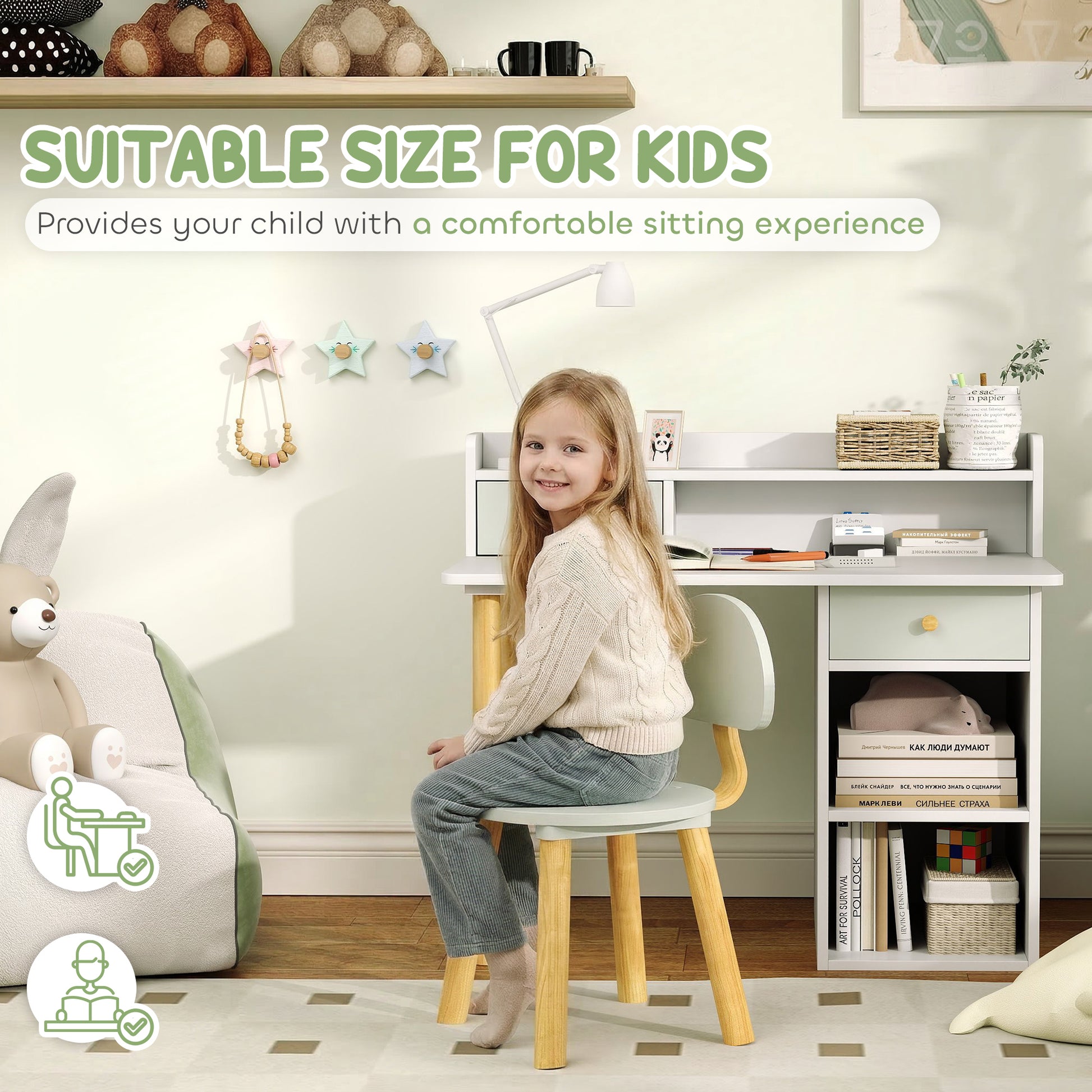 Qaba Kids Study Table and Chair Set, Kids Desk and Chair Set w/ Storage and Shelves, for 3-8 Year Old, Green