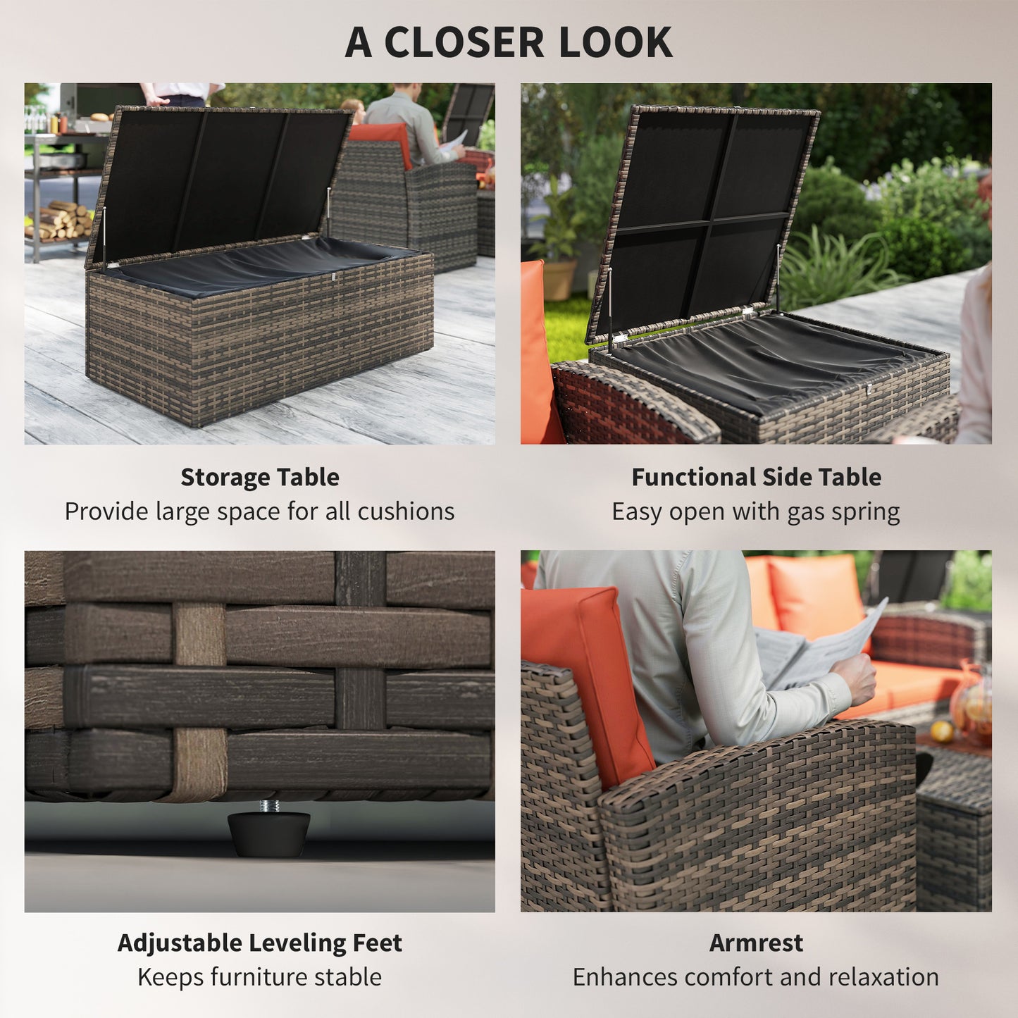 6 Pieces Wicker Patio Furniture Set with Cushions, 7-Seater Rattan Patio Sofa Set with Storage Table, Orange