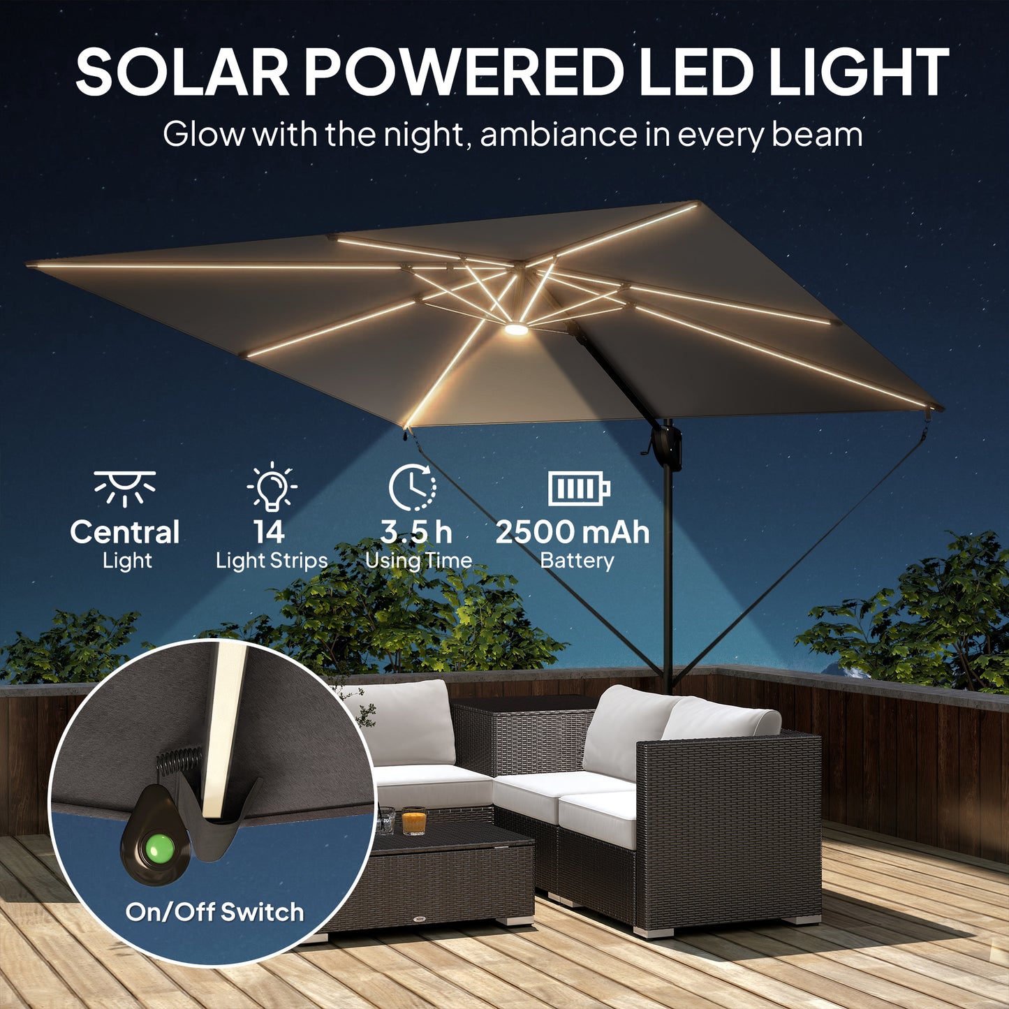 10 x 9.7 ft Offset Cantilever Patio Umbrella with Lights, Wind Rope, UPF50+ Outdoor Cantilever Parasol, Dark Grey