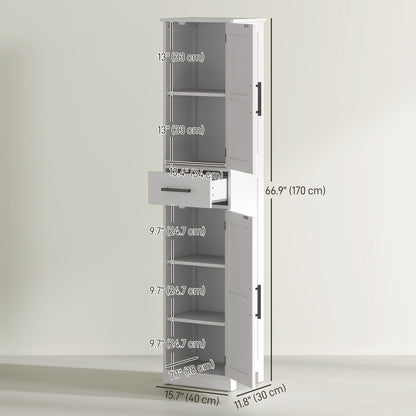 67" Tall Bathroom Cabinet, Narrow Bathroom Storage Cabinet with Drawer, Barn Doors and Adjustable Shelves, White