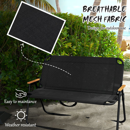 2-Seat Folding Patio Bench Camping Chair, Sports Chair with Armrest, Mesh Fabric Seat for Lawn, Black