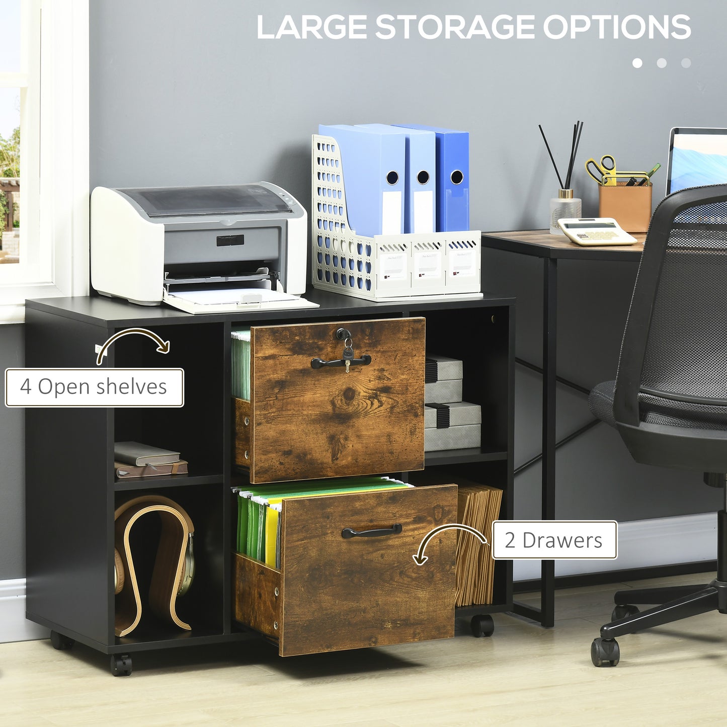Lateral Filing Cabinet with Wheels and Lockable Drawer, File Cabinet, Mobile Printer Stand with Open Shelves for Letter and A4 Size Documents for Home Office, Rustic Brown