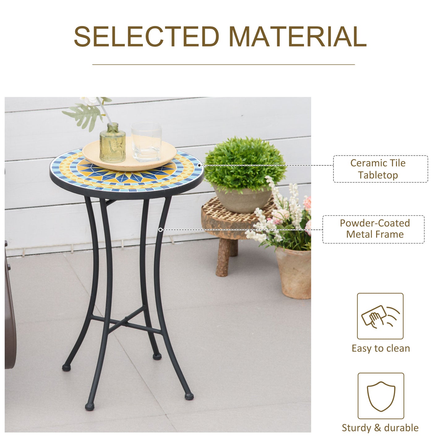 Mosaic Patio Table, Round Coffee Table with Metal Frame, Garden Furniture for Outdoor, Poolside, Yellow