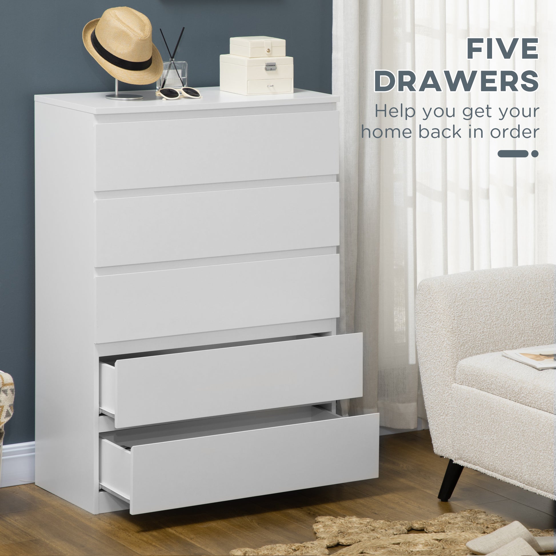 Dresser for Bedroom with 5 Drawers, Modern Chest of Drawers for Living Room, Closet, Hallway, White