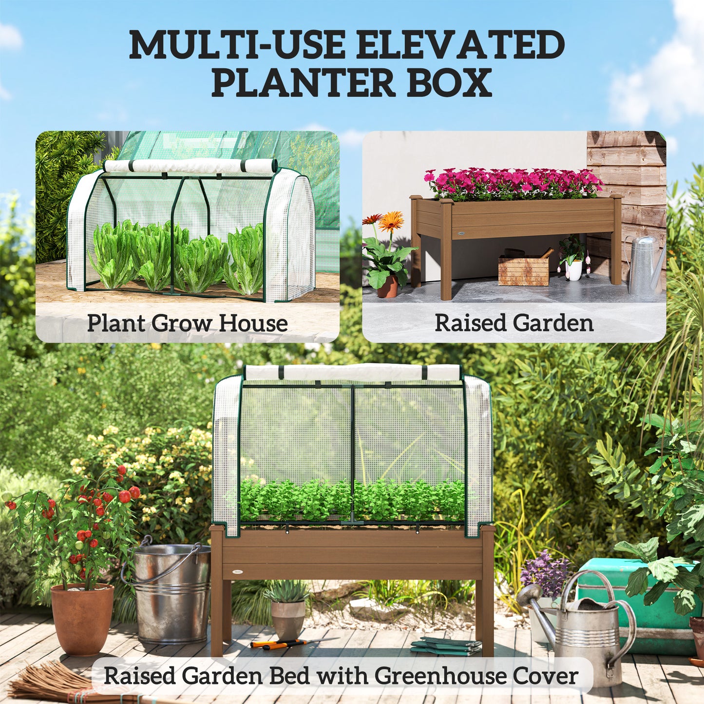 Raised Garden Bed with PE Greenhouse Cover Outdoor Elevated Wood Planter Box for Herbs and Vegetables Brown