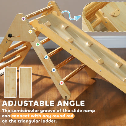 Qaba Pikler Triangle Set, 3 in 1 Climbing Toys with Ramp for Toddlers, Nature Wood