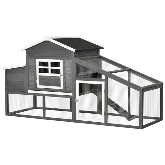 79" Wooden Chicken Coop, Outdoor Hen House, Poultry Habitat with Removable Tray, Nesting Box, Run, Ramp, Grey