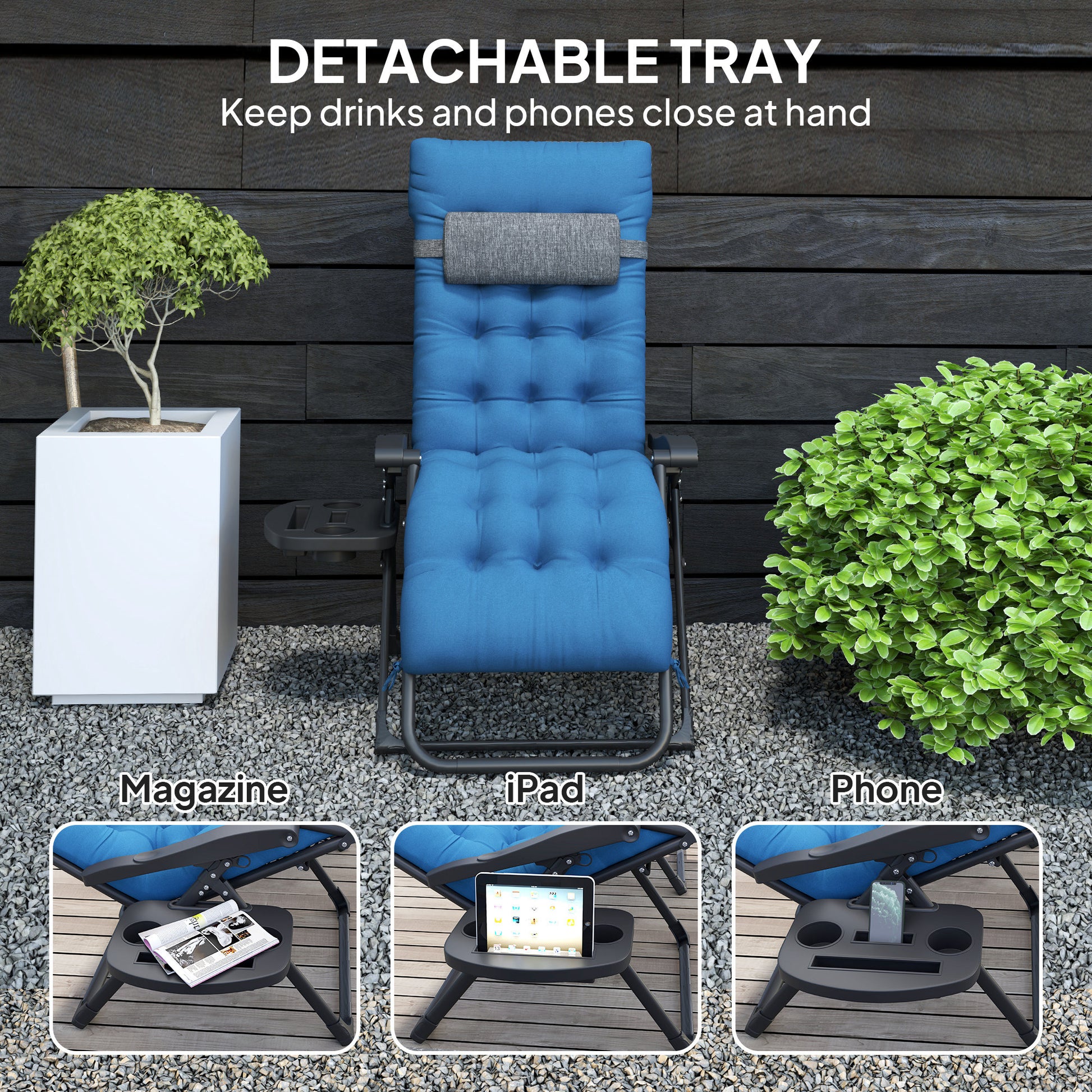 Padded Folding Recliner Chair, Patio Lounger with Cupholder, Adjustable Backrest, Removable Cushion, Navy Blue