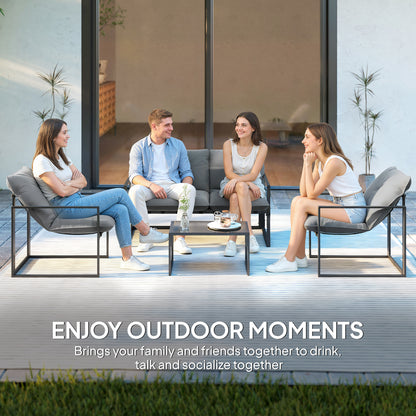 4 Piece Outdoor Furniture Set, Patio Conversation Set with Tempered Glass Table, Loveseat, Chairs, Cushions, Light Grey