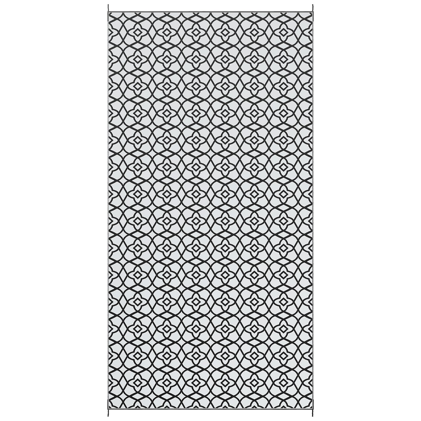 Reversible Outdoor Rug, Waterproof Plastic Straw RV Rug with Carry Bag, 9' x 18', Black and White Clover