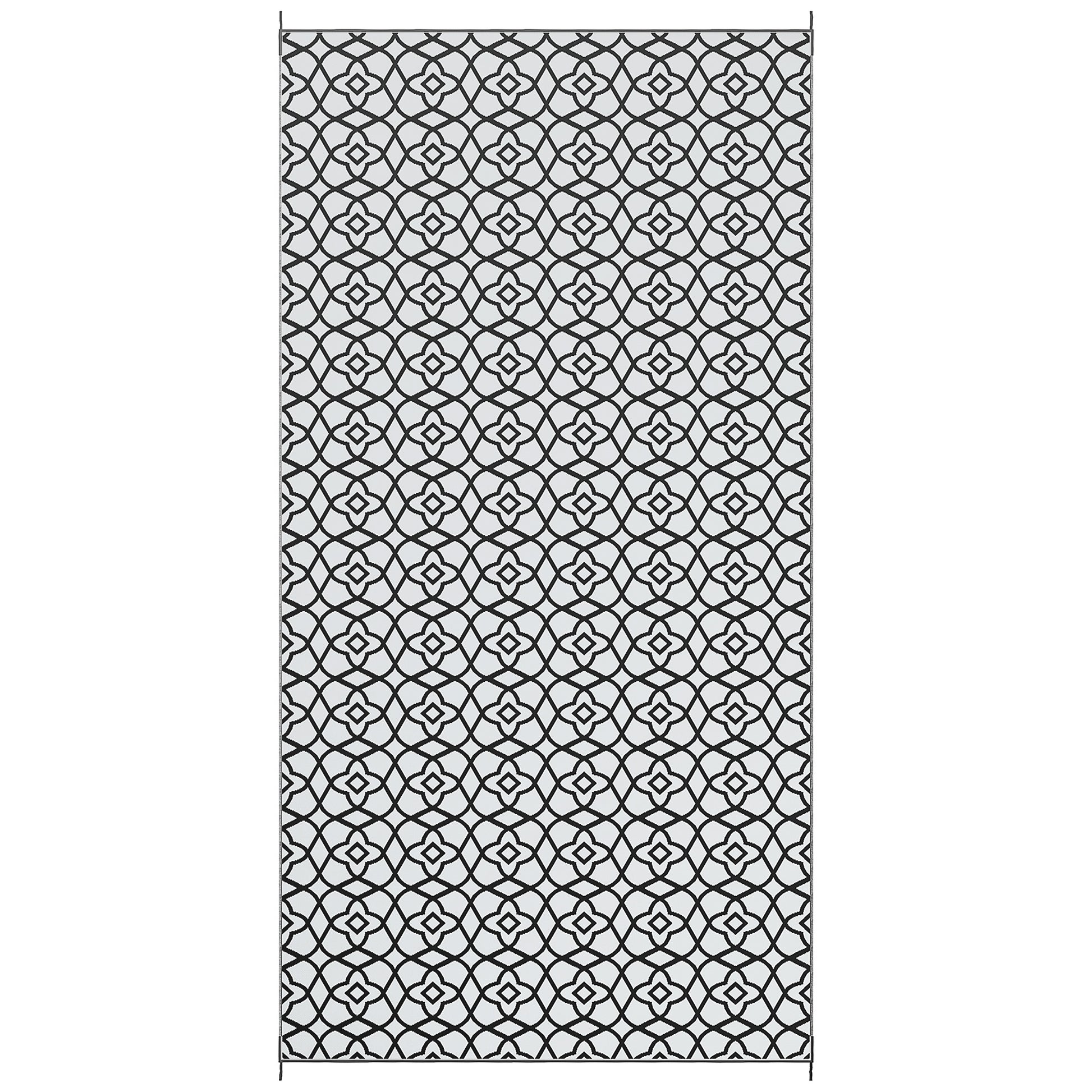 Reversible Outdoor Rug, Waterproof Plastic Straw RV Rug with Carry Bag, 9' x 18', Black and White Clover