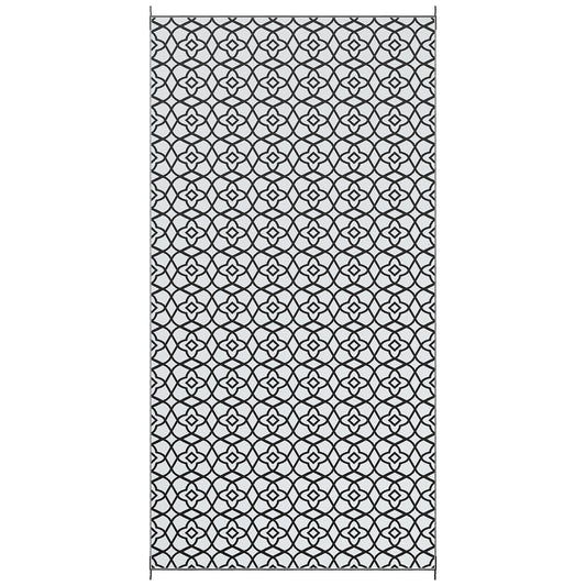 Reversible Outdoor Rug, Waterproof Plastic Straw RV Rug with Carry Bag, 9' x 18', Black and White Clover