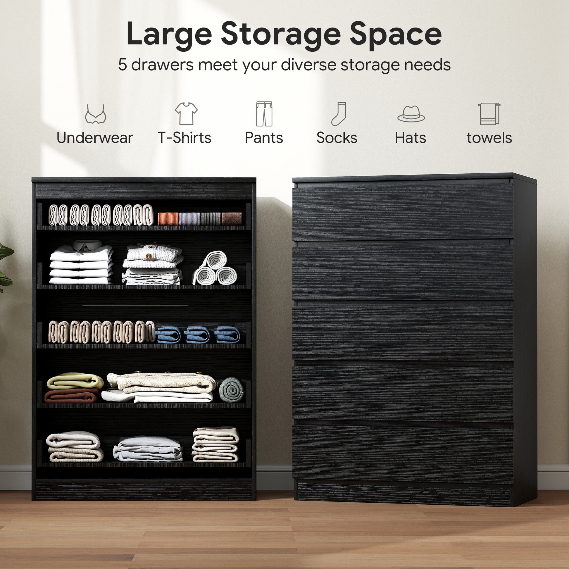 Dresser for Bedroom with 5 Drawers, Modern Chest of Drawers for Living Room, Closet, Hallway, Black