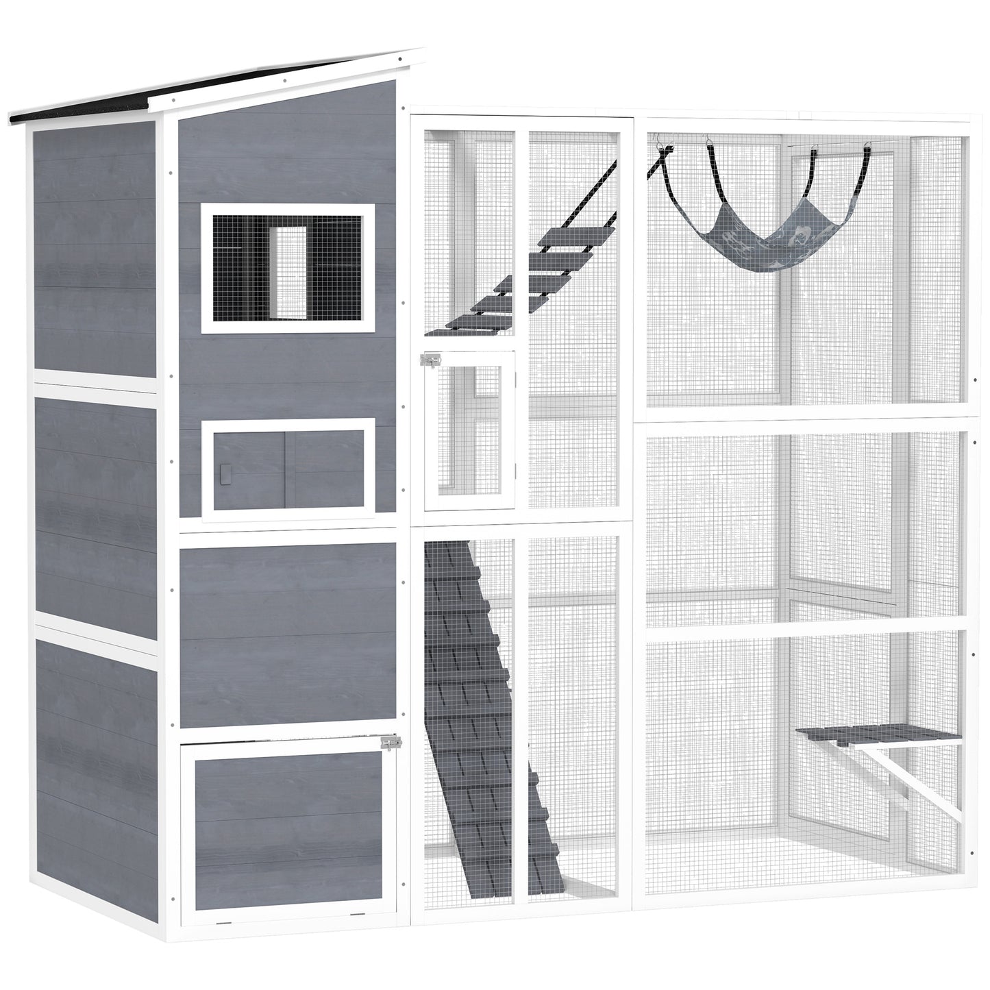 76" Catio Outdoor Cat Enclosure with Cat Condo, Jumping Platforms, Ladder, Ramps, Hammock for 2-3 Indoor Cats, Grey