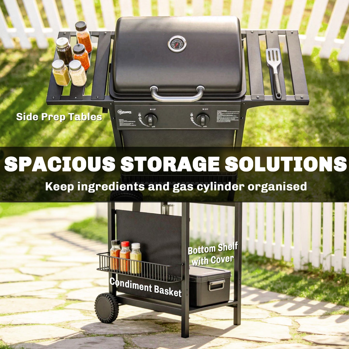 2-Burner Propane Gas Grill, 18000 BTU BBQ Grill with Wheels, Warming Rack, Shelf, Thermometer, Grease Cup, Black
