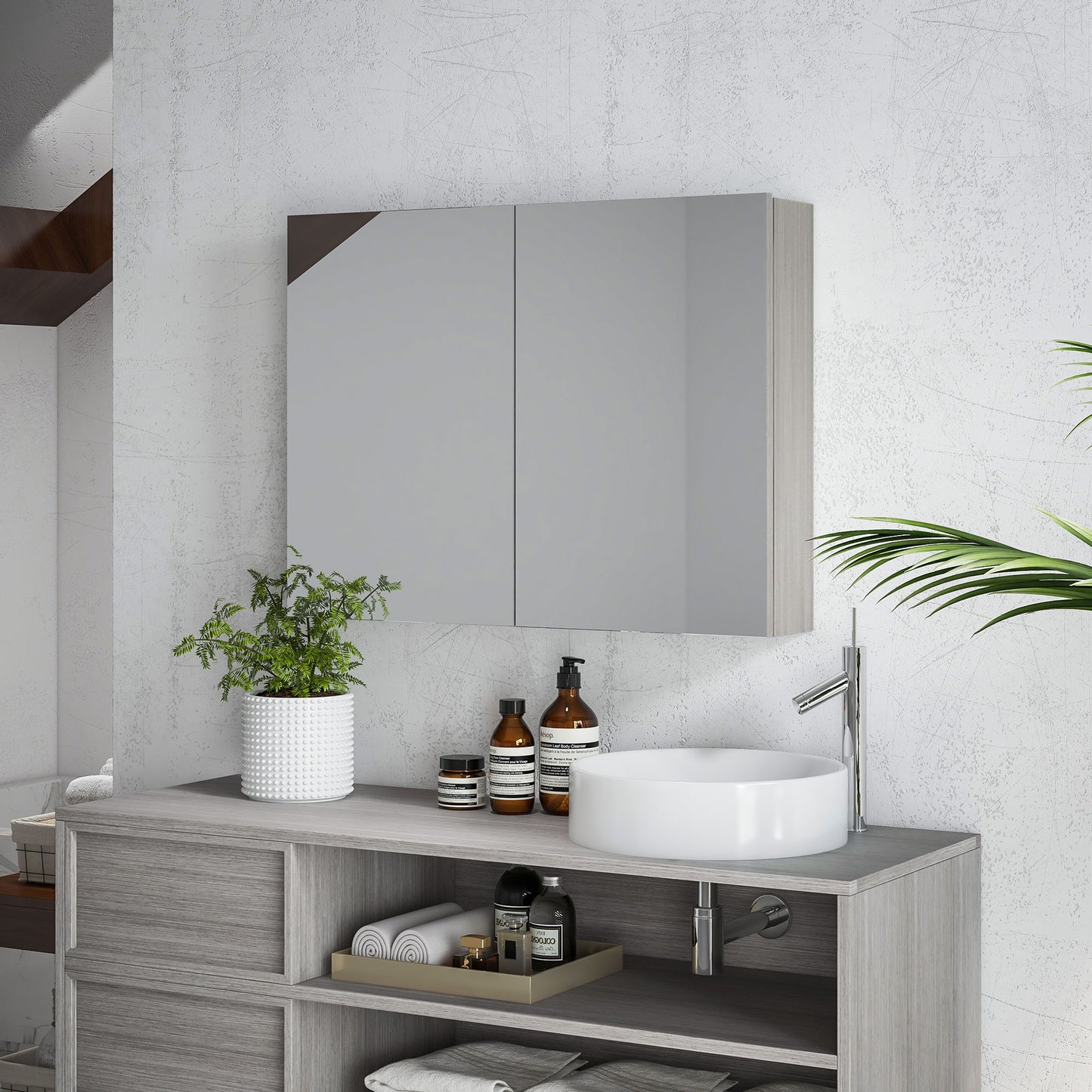 Bathroom Mirror Cabinet, Wall-Mounted Storage Organizer with Double Doors, Adjustable Shelf, Grey