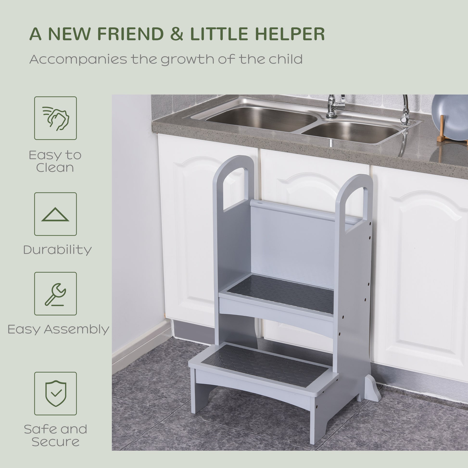 Qaba 2 Step Stool Kids Kitchen Helper with Support Handles and Non-Slip Pad for Kitchen, Living room and Bathroom, Grey