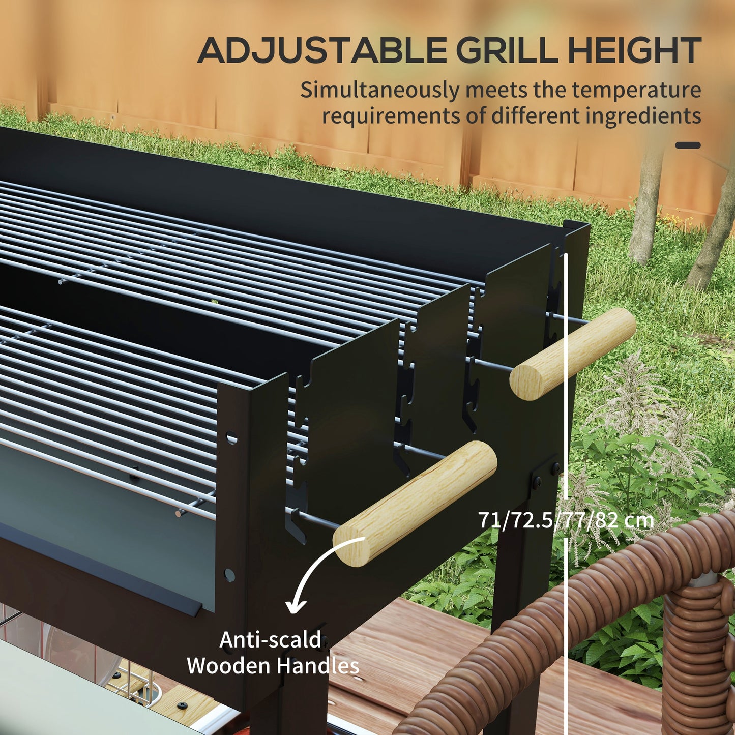 Charcoal Grill,Barbecue Trolley with Double Adjustable Grill, Side Table, Storage Shelf and Wheels, Black