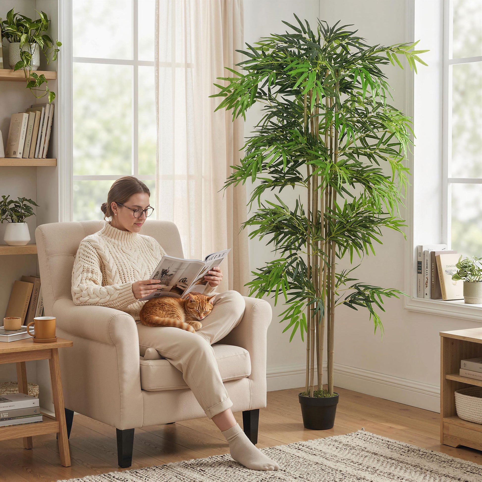 6FT Artificial Bamboo Tree, Fake Plant with 1530 Leaves, Greenery Plant in Nursery Pot for Indoor, Green