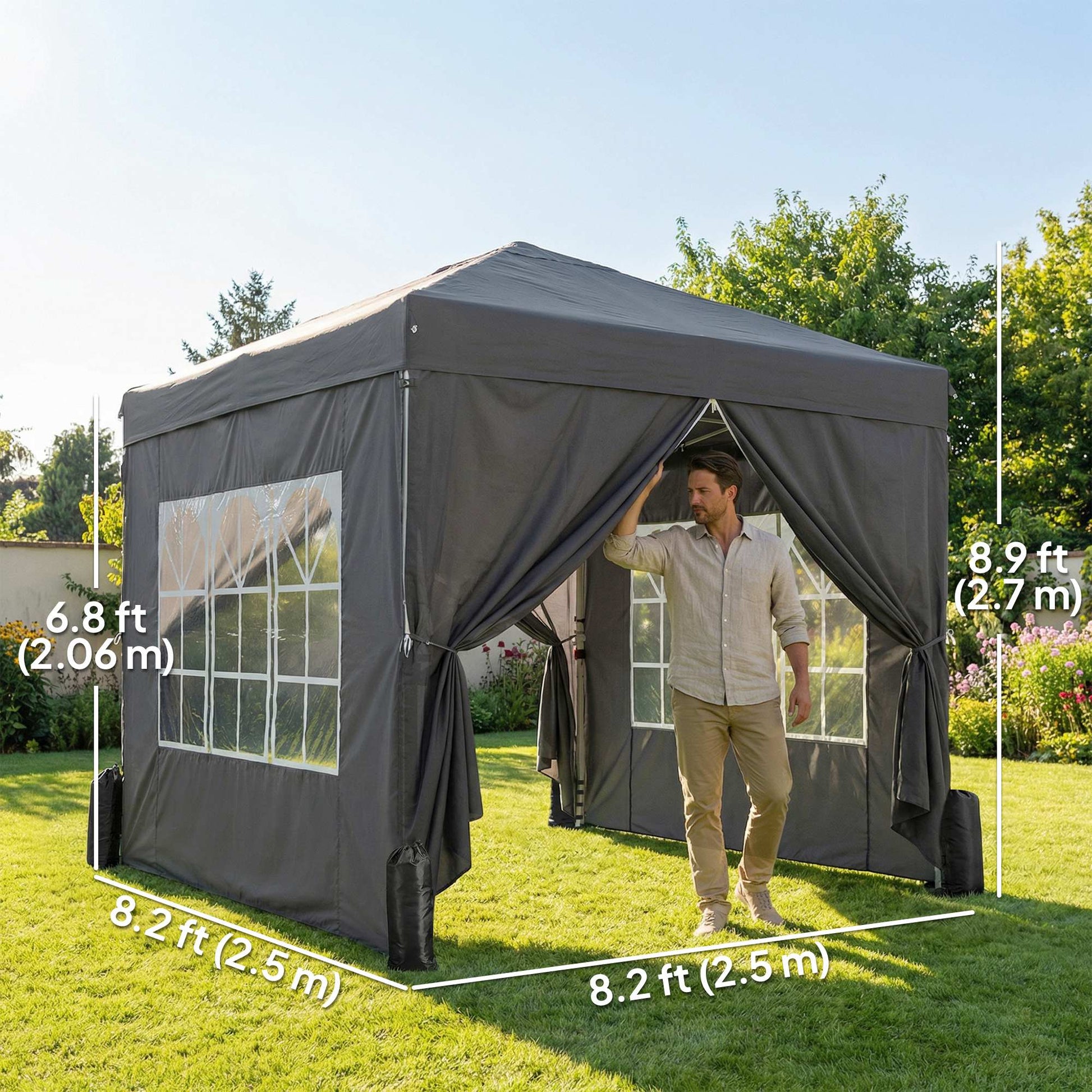 8.2 x 8.2 ft Pop Up Canopy Tent with 4 Sidewalls, UPF 50+ Outdoor Instant Canopy with Carry Bag, Dark Grey