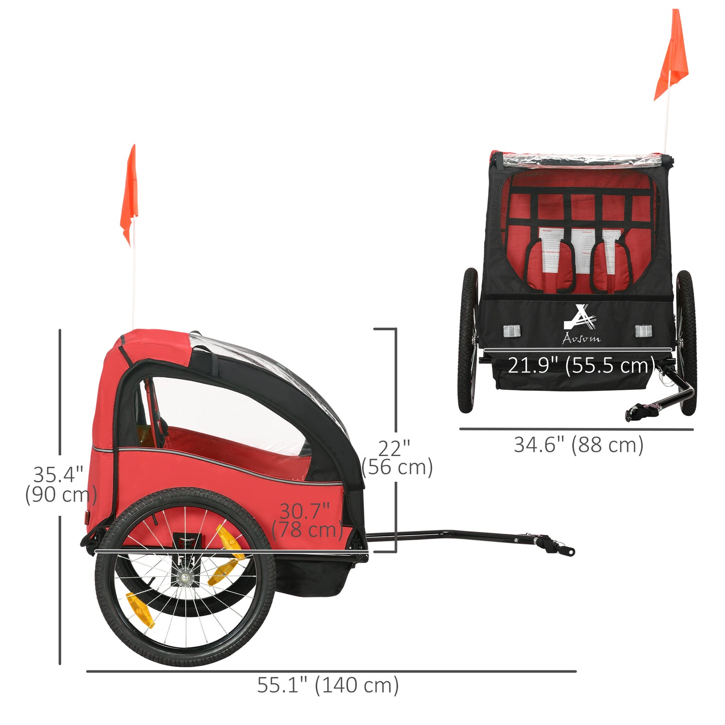 Aosom 2 Seat Bike Trailer for Kids, Baby Stroller with Storage Bag, 5 Point Harness, Bicycle Trailer with 20" Wheels, Red