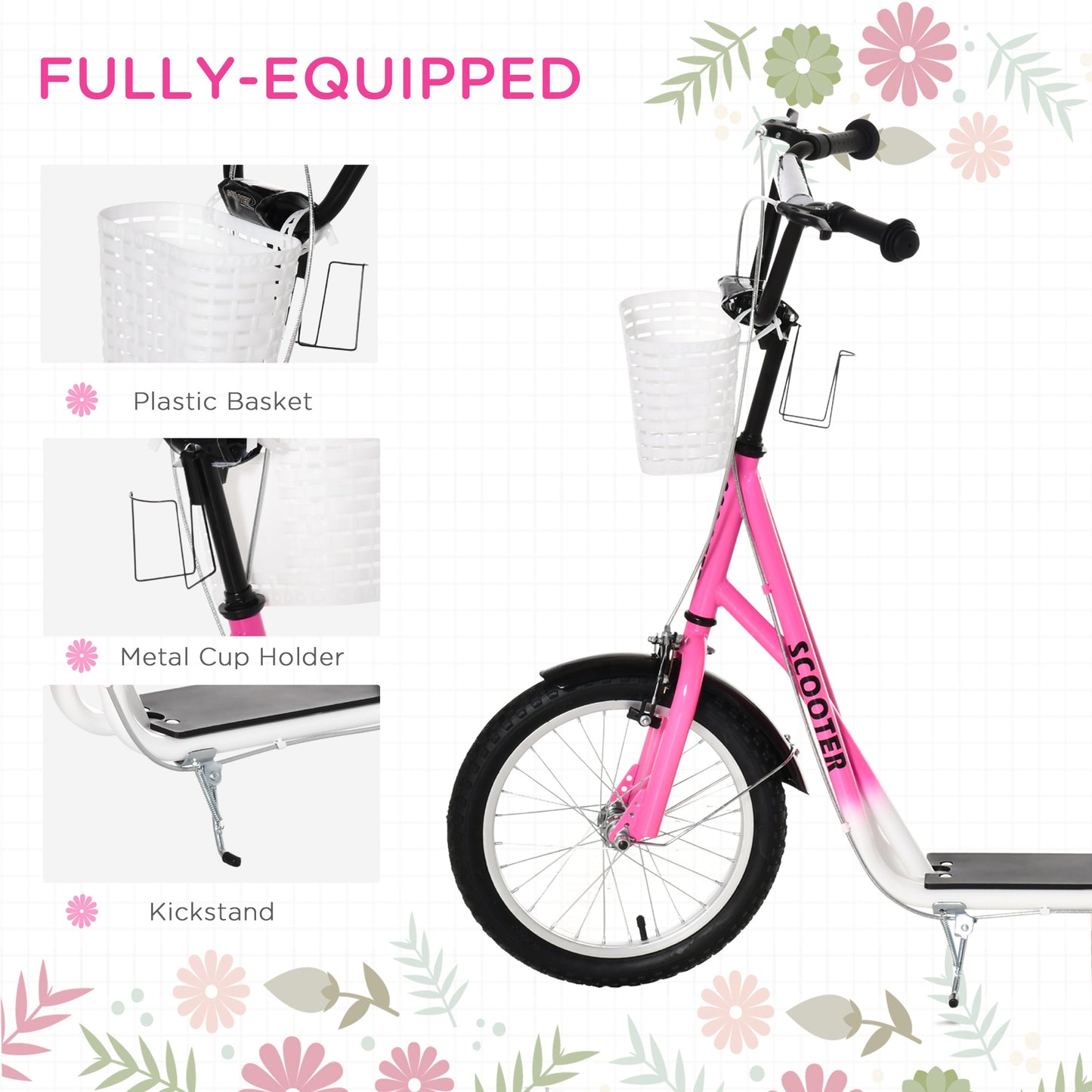 Aosom Kick Scooter with Adjustable Handlebar, Kids Scooter with 2 Brakes Basket Cupholder 16" Inflatable Rubber Tyres Pink