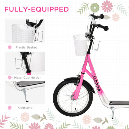 Aosom Kick Scooter with Adjustable Handlebar, Kids Scooter with 2 Brakes Basket Cupholder 16" Inflatable Rubber Tyres Pink