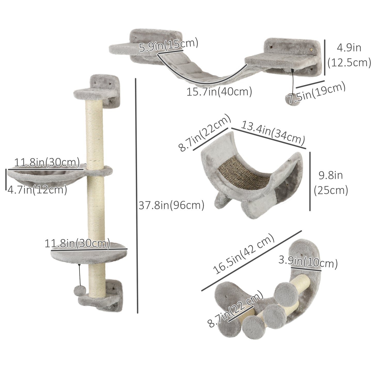 4Pcs Cat Wall Shelf with Scratching Post, Cat Wall Shelves for Relaxing, Climbing, Cat Wall With Soft Ladder, Hammock, Play Balls, Grey