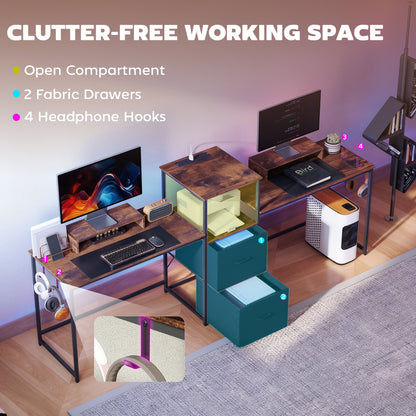 96 Inch Gaming Desk, Dual Computer Desk for 2 Person with Power Outlets and Monitor Stands, Rustic Brown