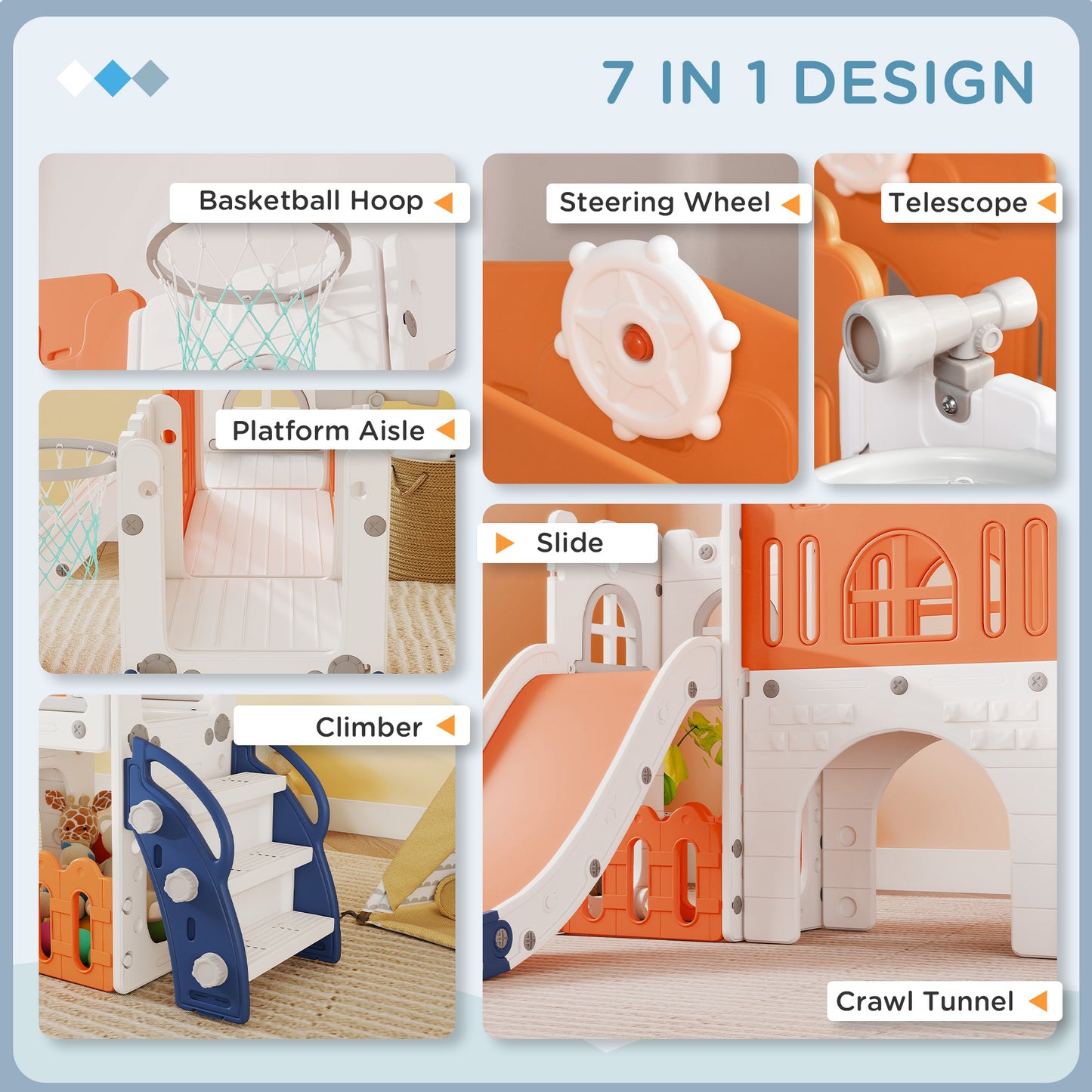 Qaba 9 in 1 Toddler Slide with Basketball Hoop, Climber, Telescope, Tunnel, Steering Wheel, for 1-3 Years, Orange